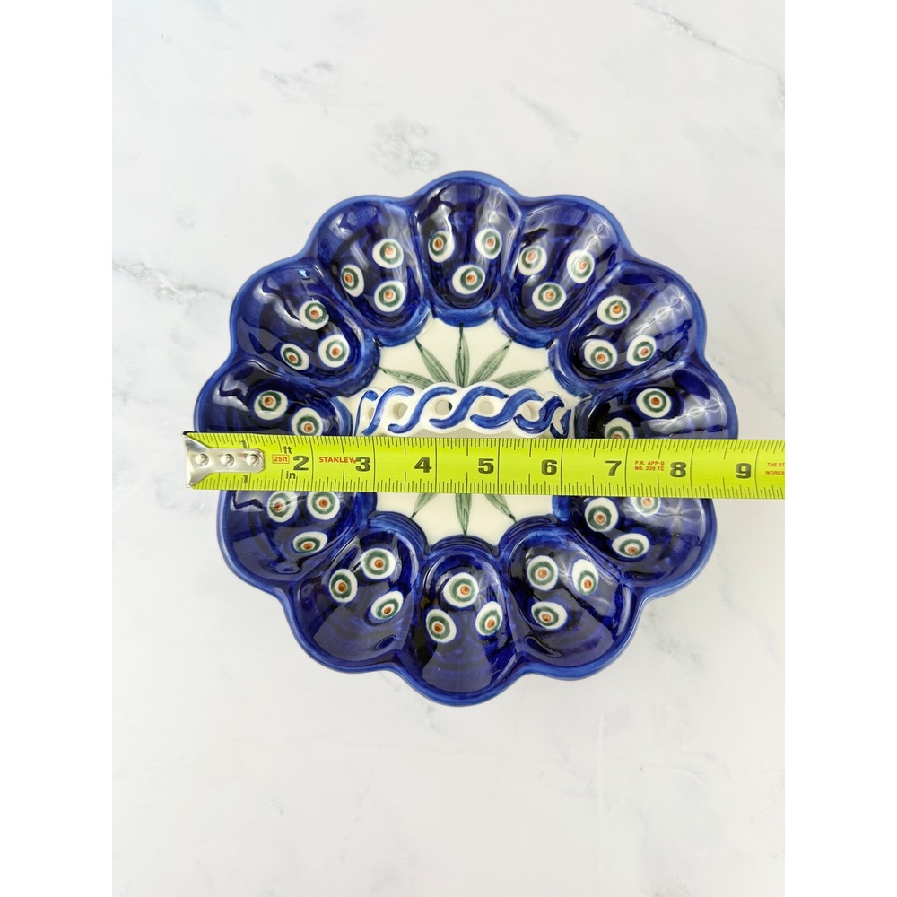 VTG Blue Rose Polish Pottery Egg Plate with Handle Boleslawiec Peacock Design - Picture 6 of 7